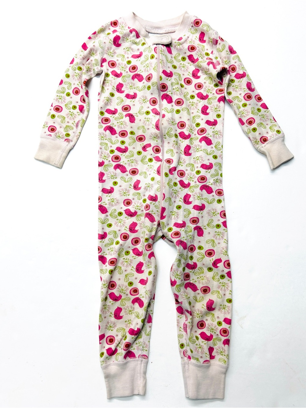 Hanna Andersson Girls Cream Pink & Green Bird Print One-Piece Pajamas Zipper
